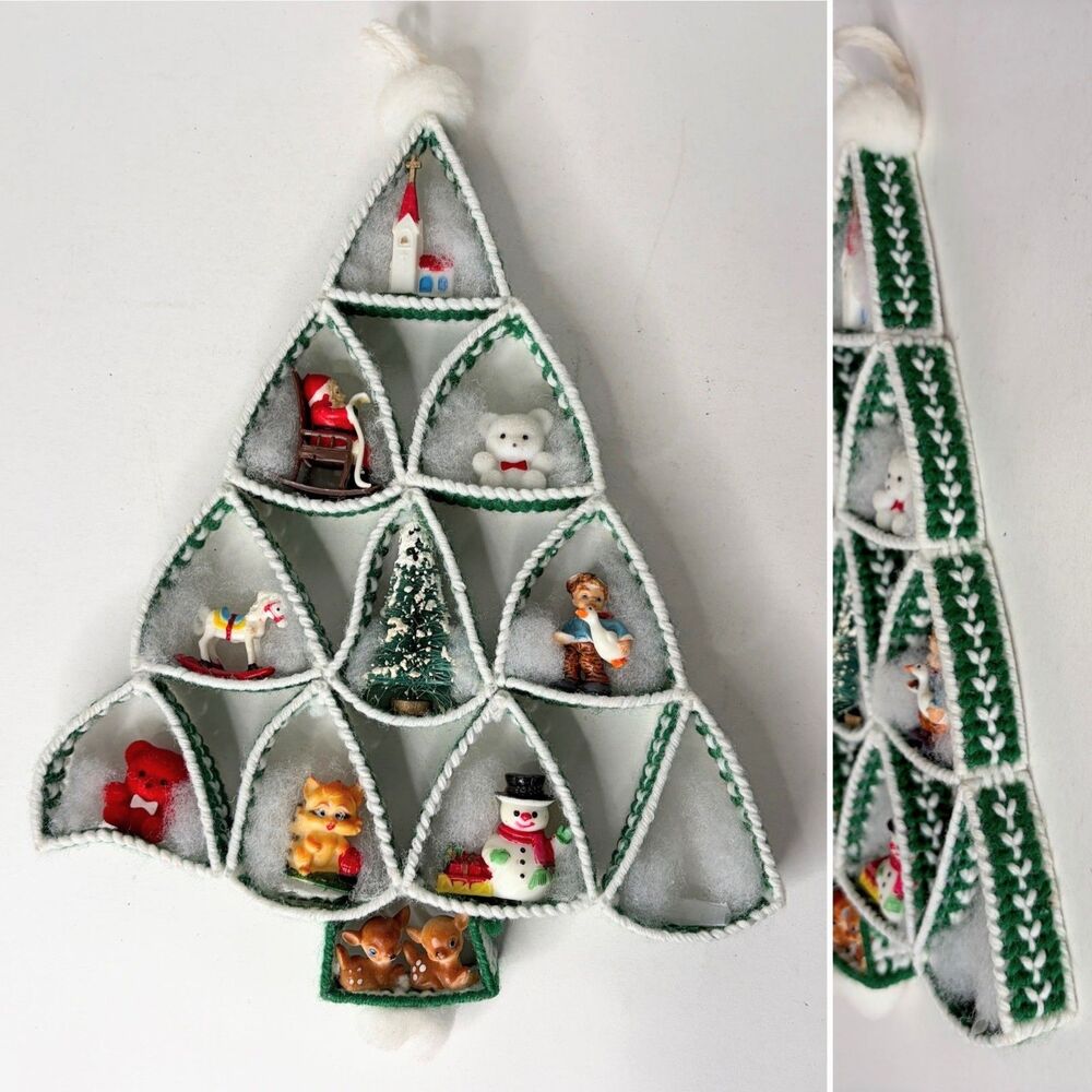Vintage Handmade Christmas Tree Trinket Wall Hanging Needlework  11"